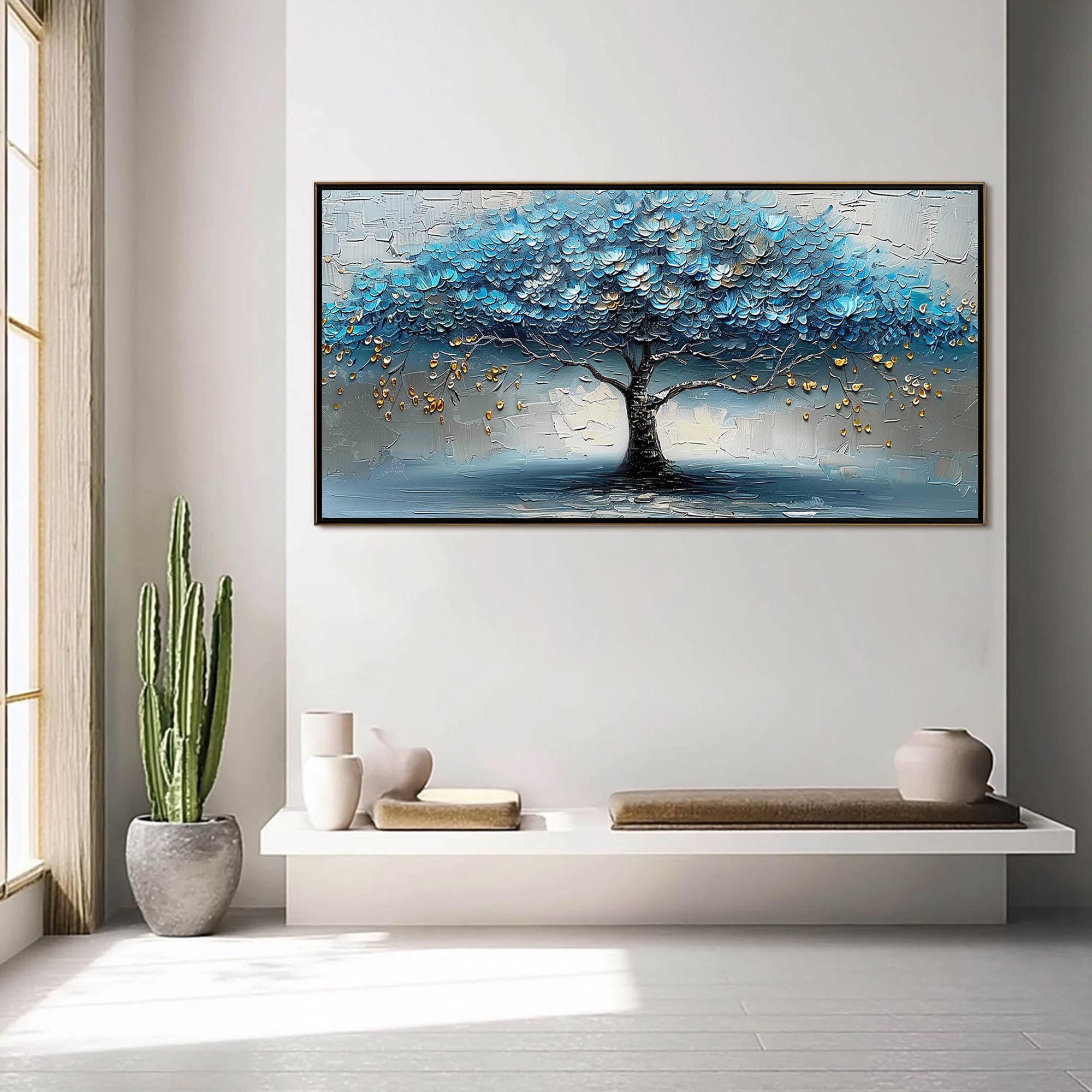 Original Blue Blossom Tree Oil Painting, Large Abstract Texture