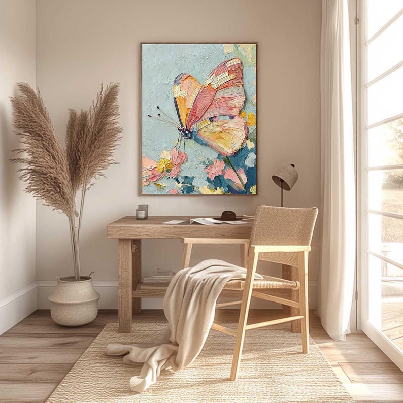 Abstract 3D Colorful Butterfly Oil Painting On Canvas, Large Textured Impasto Wall Art, Original Floral Artwork, Living Room Home Decor