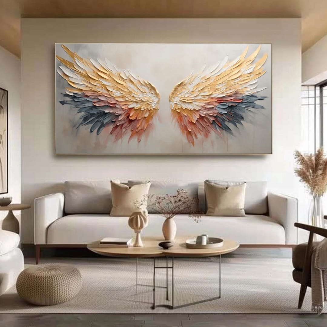 Large Angel Wings Oil Painting, Gold White Impasto Canvas Art, Abstract ...