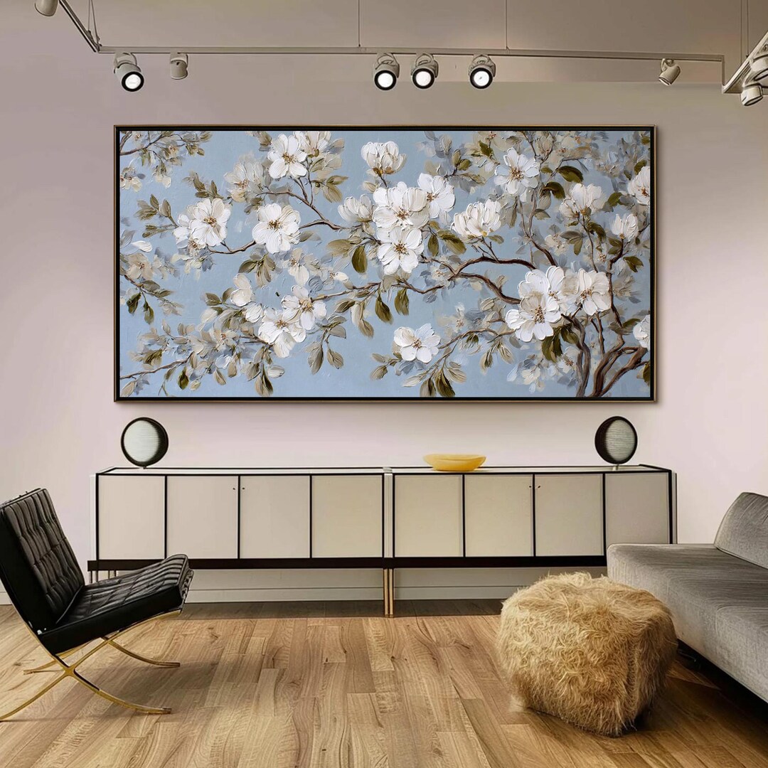 Original Cherry Blossom Oil Painting on Canvas, Large Blue and White ...