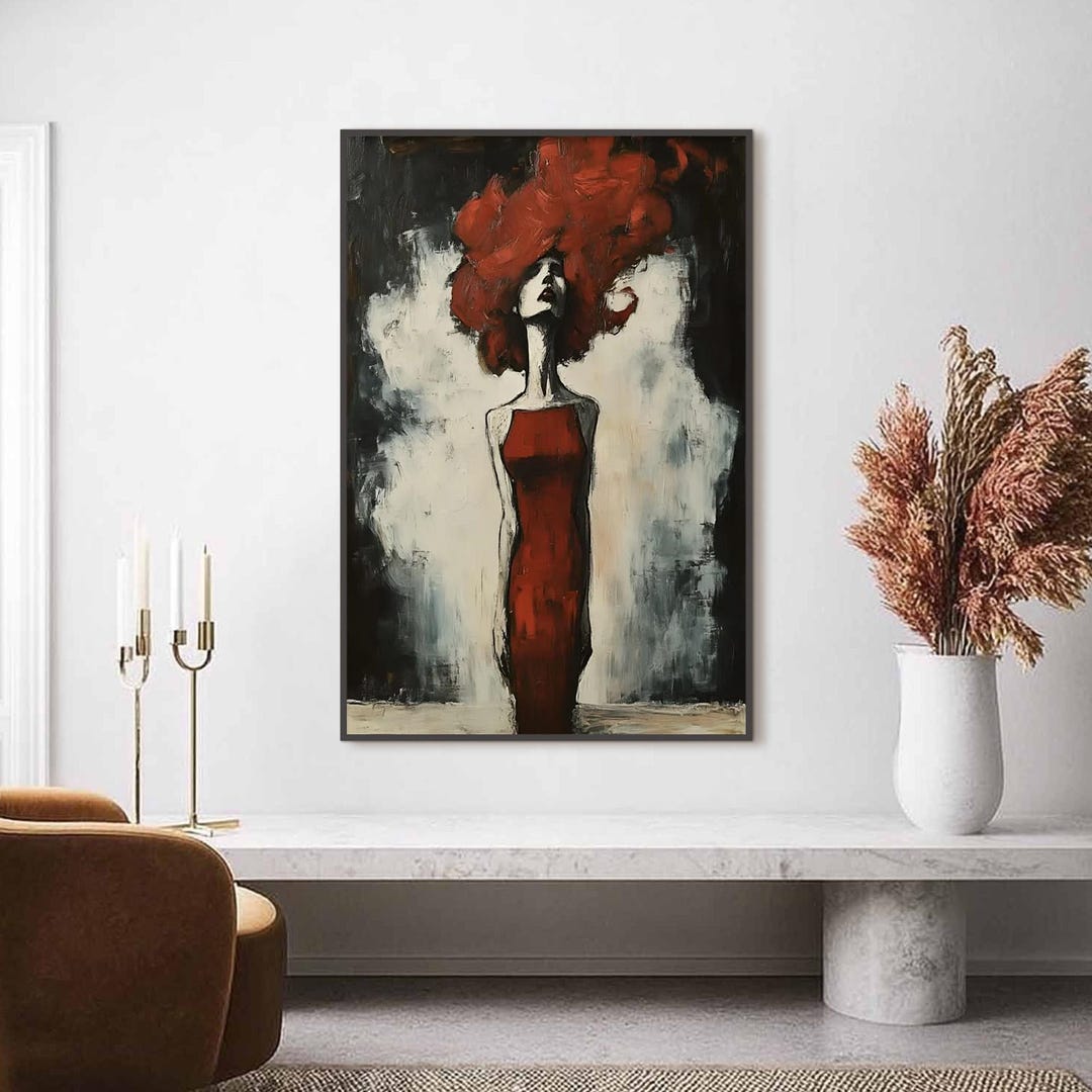 Abstract Female Portrait Oil Painting on Canvas, Modern Red and Black ...