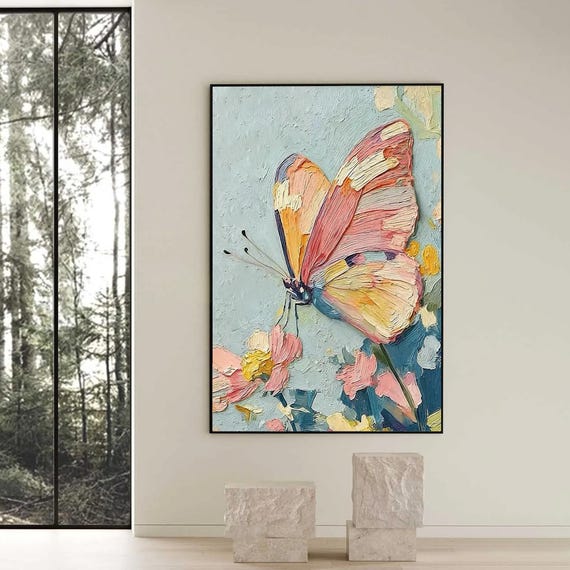 Abstract 3D Colorful Butterfly Oil Painting On Canvas, Large Textured Impasto Wall Art, Original Floral Artwork, Living Room Home Decor