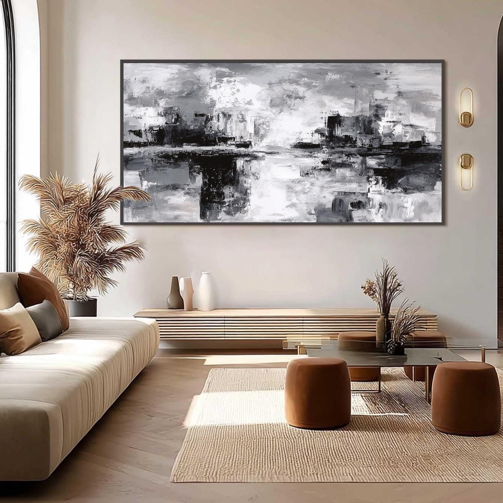 Large Black and White Abstract Oil Painting, Textured Wall Art, Moody ...