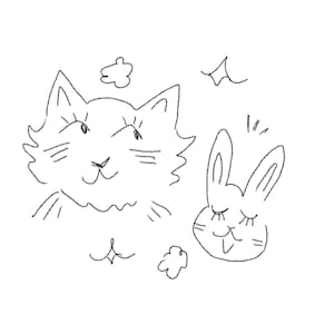 May include: A black and white line drawing of a cat and a rabbit. The cat has a smiling face with whiskers and fluffy fur. The rabbit has closed eyes and long ears. Decorative cloud and star shapes are also drawn.