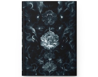 Diario de escritura artística de tapa dura con diseño floral negro, acabado mate
