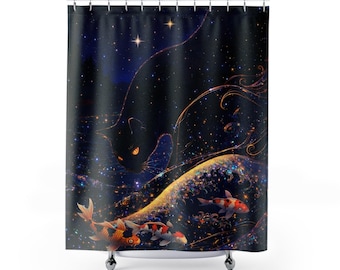 Koi Cat Galaxy Shower Curtain | Starry Night Fish Bathroom Decor