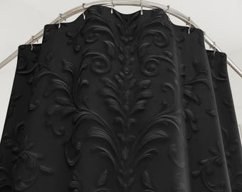 Black Gothic Shower Curtain | Raised Baroque Scroll Pattern
