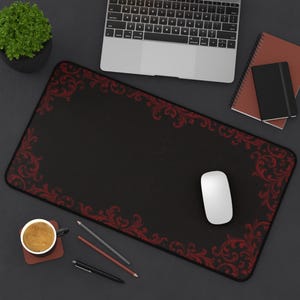 Red Victorian Scroll Border Desk Mat | Gothic Black Mouse Pad
