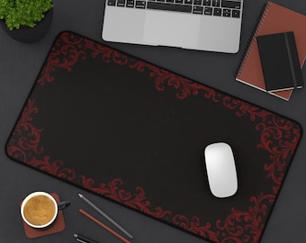 Red Victorian Scroll Border Desk Mat | Gothic Black Mouse Pad