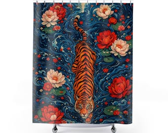 Swimming Tiger Shower Curtain | Floral Lotus Watercolor Bathroom Décor