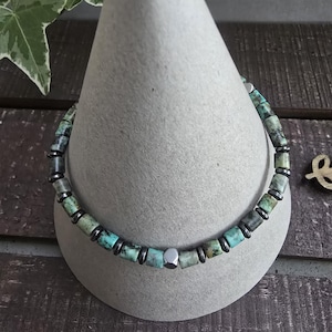 African Turquoise Jasper And Heishi Plated Hematite Bracelet, 4mm Stones, Stainless Steel