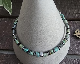 African Turquoise Jasper And Heishi Plated Hematite Bracelet, 4mm Stones, Stainless Steel