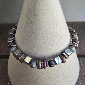 Laboradite, Plated Hematite And Heishi Dyed Bone Bracelet, 4mm Stones, Stainless Steel