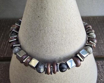 Laboradite, Plated Hematite And Heishi Dyed Bone Bracelet, 4mm Stones, Stainless Steel