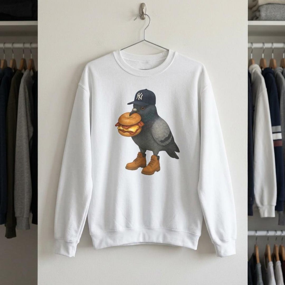 NYC Pigeon Sweatshirt Wearing Yankee Hat and Timbs Eating a Bacon Egg ...