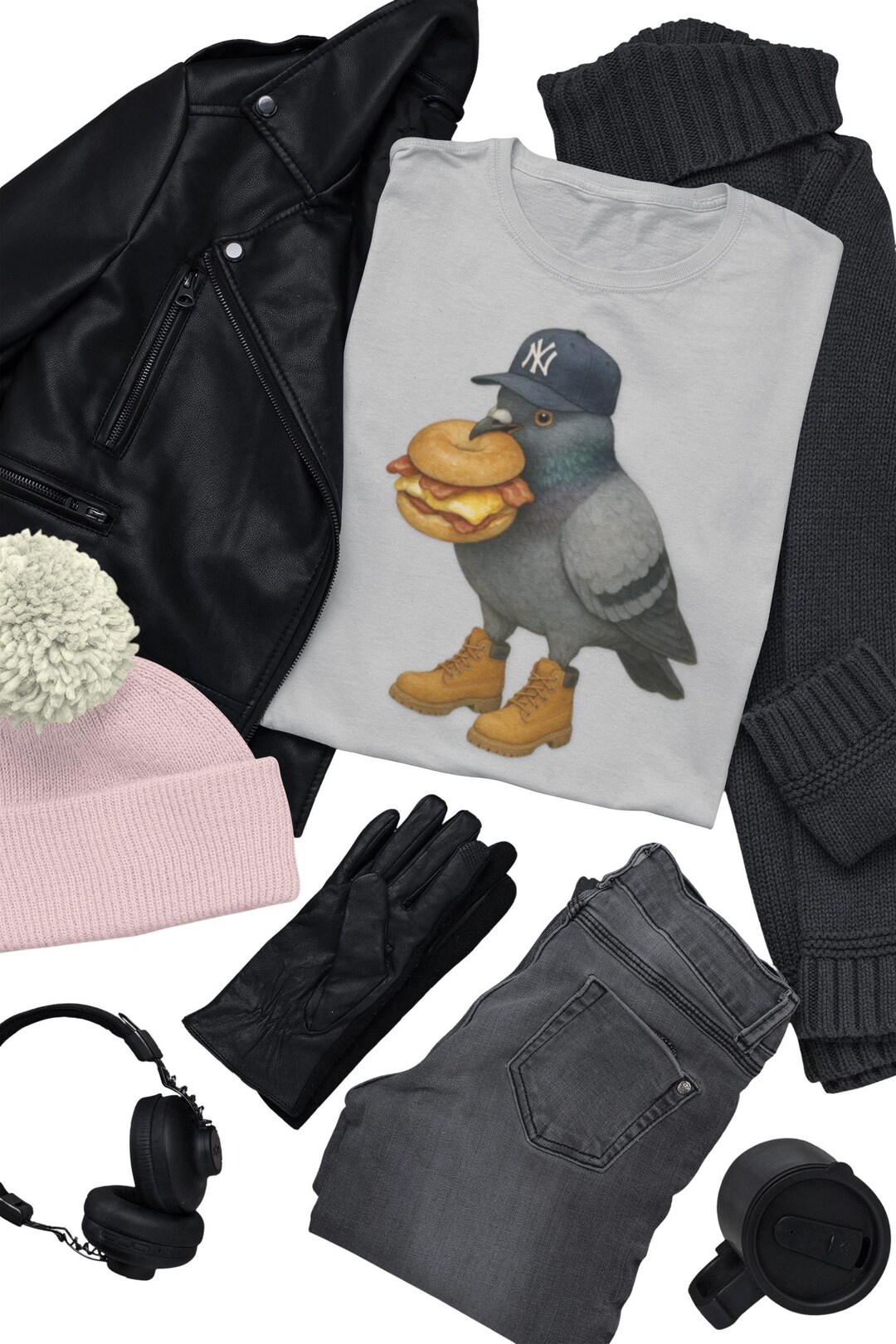 NYC Pigeon Graphic Tee: Yankee Hat, Timbs, Bacon Egg & Cheese - Etsy