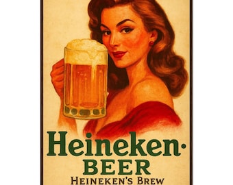 Póster vintage de cerveza Heineken, impresión artística enmarcada, decoración de bar.