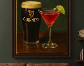 Lámina artística con pintura de Guinness y cócteles – Decoración de pared para pub (Descarga digital)