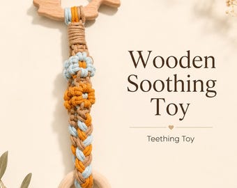 Dusty Blue Wooden Baby Teether, Organic Cotton Braided Grasping Toy, Beech Wood Ring, Baby Boy Shower Gift, Natural Pram & Stroller Toy