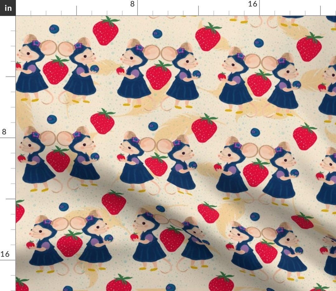 Mouse And Raspberry Fabric Cream Mouse Strawberry Fabric, Cottagecore Nursery Print, Baby Girl ...