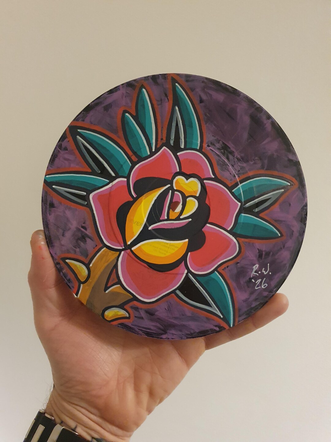 Traditional Tattoo Flash Style Rose Hand Painted 7" Vinyl Record - Etsy