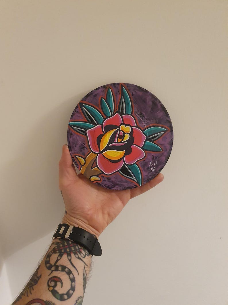 Traditional Tattoo Flash Style Rose Hand Painted 7" Vinyl Record - Etsy