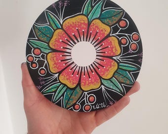 Handgemalte Schallplatten Kunst | Traditionelle Tattoo Blume Wand Dekor