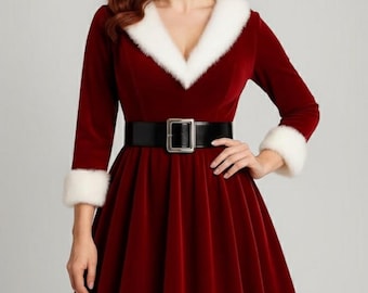May include: A red velvet dress with a white faux fur collar, cuffs, and hem. The dress features a black belt with a silver buckle. The model is wearing the dress and has red hair and red lipstick.