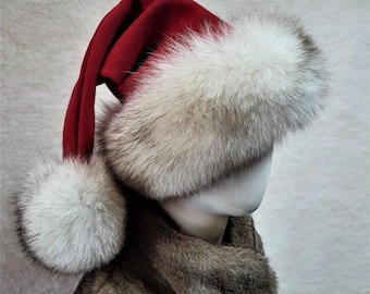 Luxury Red and Burgundy Velvet Santa Hat with Gray Fox Fur Trim Premium Christmas Hat, Santa Costume Accessory Holiday Pixie Hat Gifts