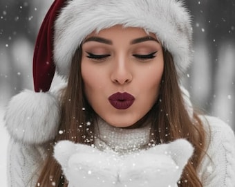 Burgundy Velvet Santa Hat with Real Fox Fur for Holiday Parties