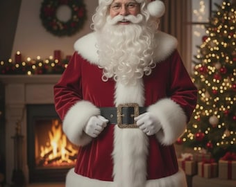 Handmade Red Velvet Santa Suit with White Faux Fur Trim. Classic & Luxury Christmas Costume for Men and Women. Professional Quality.