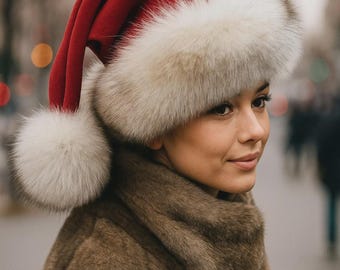Red Velvet Santa Hat with Real Fox Fur for Christmas