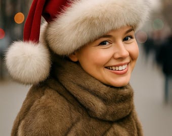Handmade Red, Burgundy & Black Velvet Santa Hat with Real Fur Trim and Fluffy Pom