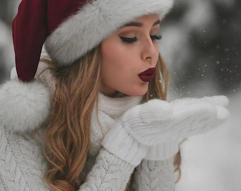 Real Fox Fur Santa Hat – Burgundy Velvet Christmas Gift