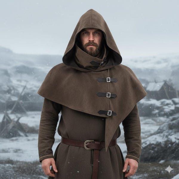 Middeleeuwse schoudercape met capuchon – monniksmantel renaissance, LARP-kostuum