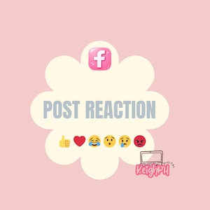 Può includere: Grafica rosa con una forma di nuvola bianca contenente il testo "POST REACTION" in grigio. Sotto, emoji di reazioni: pollice in su, cuore, risata, sorpresa, tristezza e rabbia. Sono presenti anche un logo di Facebook e un laptop.