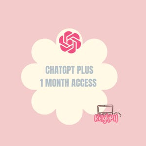 Op de afbeelding: Een roze afbeelding met de tekst "ChatGPT PLUS 1 MAAND TOEGANG" in lichtblauw. Bovenin staat een roze en wit logo en onderin een laptop-icoon met de tekst "KeighPH Digital".