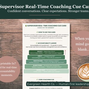 May include: A printable 5x7 Supervisor Real-Time Coaching Cue Card with text about confident conversations and accountability. The card is on a wooden surface, with a coffee cup and text bubbles.