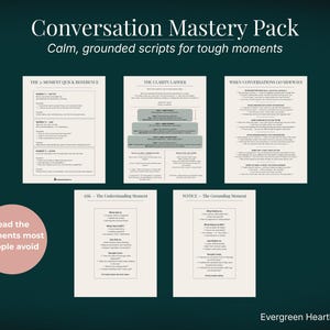 May include: A teal graphic with the text "Conversation Mastery Pack" and "Calm, grounded scripts for tough moments." The image includes several pages with text, and a pink circle with the text "Lead the moments most people avoid."