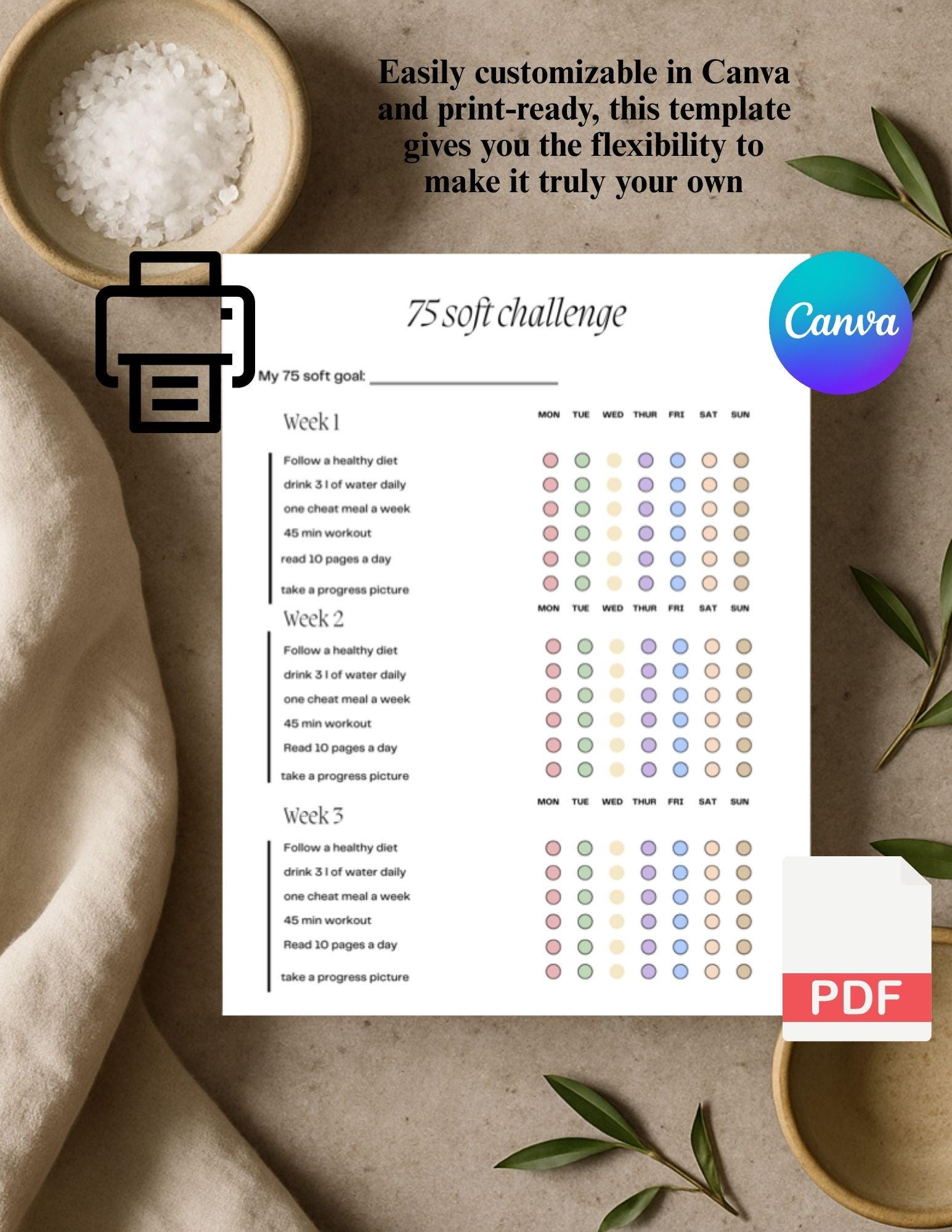 Editable 75 Soft Challenge Tracker: Fitness & Health Journal (printable ...