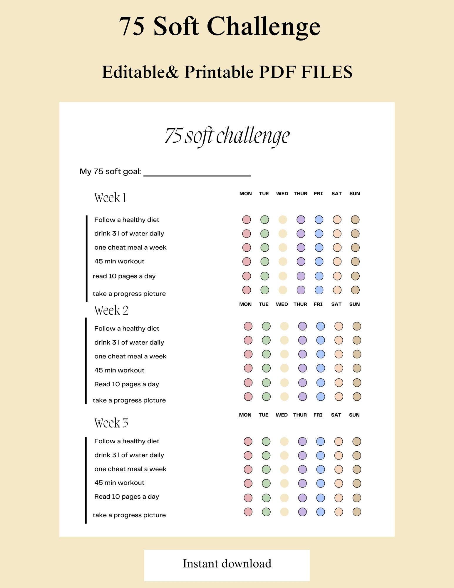 Editable 75 Soft Challenge Tracker: Fitness & Health Journal (printable ...