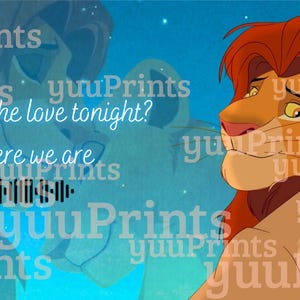 May include: Digital artwork of Simba and Nala from The Lion King, with the text "Can you feel the love tonight? It is where we are." The background is a blue gradient with stars and the Spotify logo.