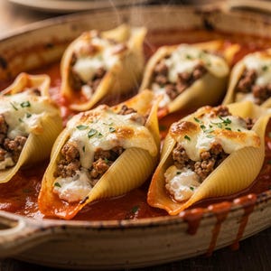 Peut inclure: Grosses coquilles de pâtes farcies d'un mélange de viande hachée et de fromage blanc, garnies de mozzarella fondue et d'herbes vertes fraîches. Les pâtes sont disposées dans un plat de cuisson en céramique avec une sauce tomate rouge.