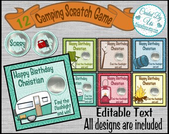Camping game Camping Scratch Off Cards Birthday Party game cards Reunion Scratch off ticket lottery card camping birthday game 12 Precut