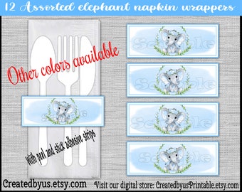 Baby girl Elephant Napkin wraps Baby girl shower Decoration Blue Baby elephant napkin bands Paper napkin ring holder utensil wrap 12 printed