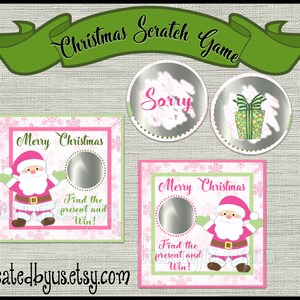 Christmas game Scratch Off Cards Christmas Party Game scratch tag Pink Santa Scratch off game Christmas childrens game Santa Claus 12 Precut