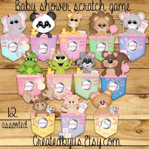 Baby shower Scratch off cards Baby girl Shower Game Scratch tags Party Scratch off game Favor Invitations Scratch off 12 Precut printed
