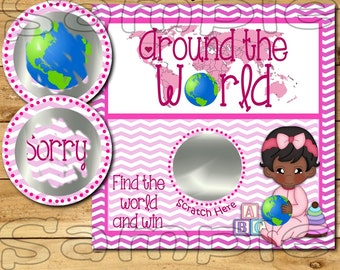 Around the world Scratch off cards Baby girl Shower Game Scratch tags Party Scratch off game Favor Invitations Scratch off 12 Precut printed