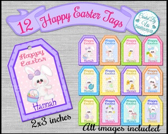 Happy Easter Tags PERSONALIZED Hoppy Easter party favors Easter Party tags Easter favor tags Easter bunny tags gift tags 12 PRECUT Printed