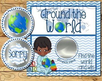 Around the world Scratch off cards Baby boy Shower Game Scratch tags Party Scratch off game Favor Invitations Scratch off 12 Precut printed